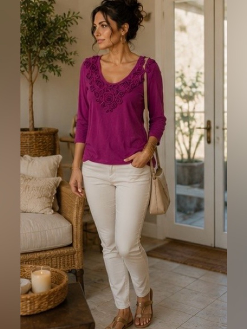 St. John Collection Rosette Embellished Knit Top Purple Size Small